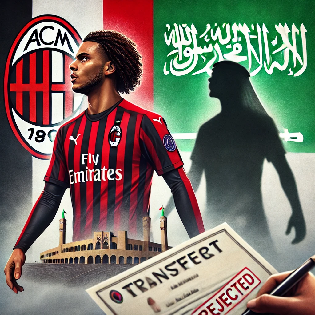 DALL·E 2025-01-31 23.47.25 - A digital illustration depicting a football transfer scenario between AC Milan and Al-Nassr. The image features Rafael Leão in an AC Milan jersey, wit