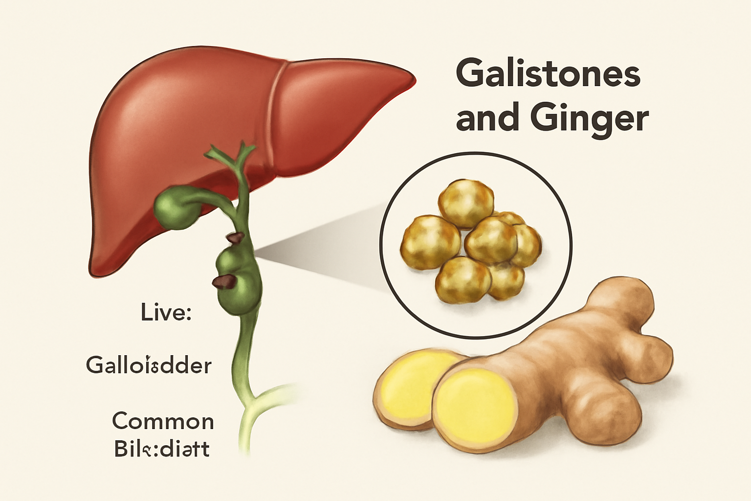 صورة توضح النظام الصفراوي البشري مع التركيز على الكبد والمرارة، إلى جانب صورة واقعية للزنجبيل الطازج. الصورة تبرز العلاقة بين حصوات المرارة وتأثيرات الزنجبيل على الجسم.