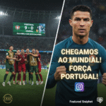 احتفال لاعبي منتخب البرتغال بالانتصار التاريخي 9-0 على أرمينيا على يسار الشاشة، وكريستيانو رونالدو على اليمين وهو يصرخ بحماس مع رسالته الشهيرة "Chegamos ao Mundial! Força Portugal!" (وصلنا إلى كأس العالم! هيا يا البرتغال!)