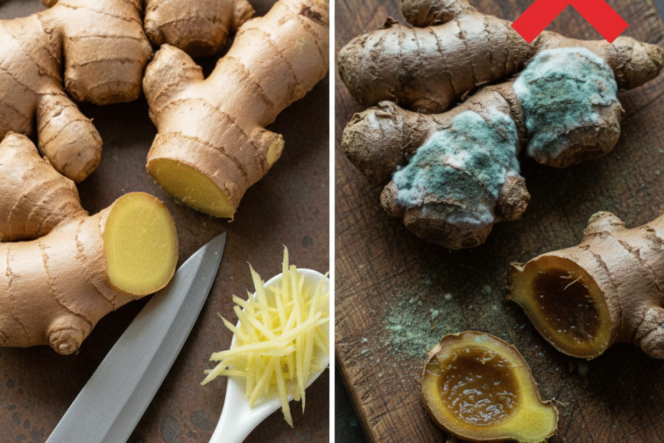 مقارنة بين الزنجبيل الطازج المقطوع وشرائح الزنجبيل الفاسد المغطى بالعفن الأخضر، مع إشارة X حمراء للتحذير.