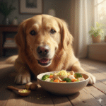 كلب جولدن ريتريفر يأكل طعاماً صحياً من الدجاج والخضروات مع الزنجبيل المبشور، ويظهر بجانبه الزنجبيل الطازج والزنجبيل المبشور في ملعقة خشبية.