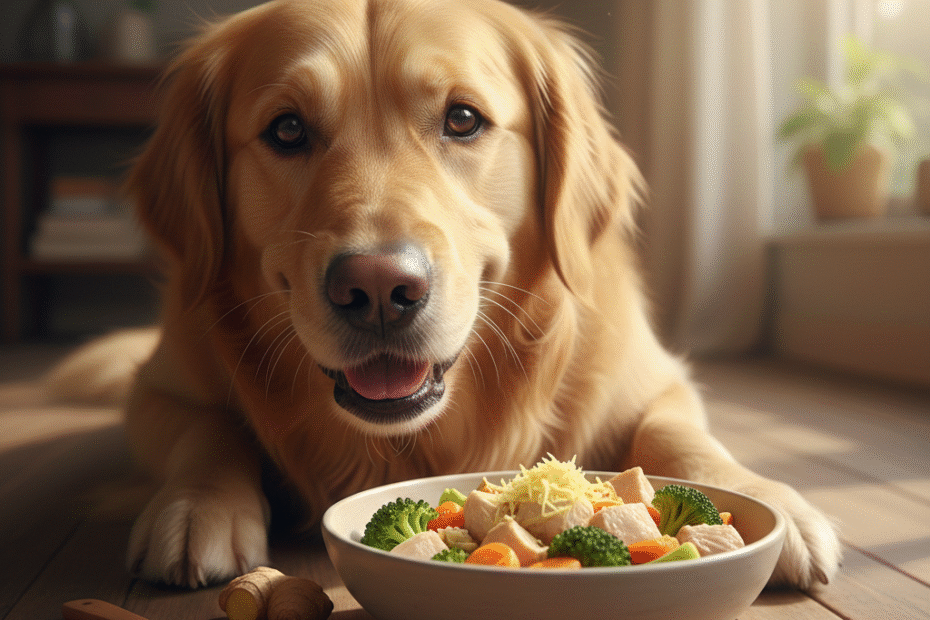 كلب جولدن ريتريفر يأكل طعاماً صحياً من الدجاج والخضروات مع الزنجبيل المبشور، ويظهر بجانبه الزنجبيل الطازج والزنجبيل المبشور في ملعقة خشبية.