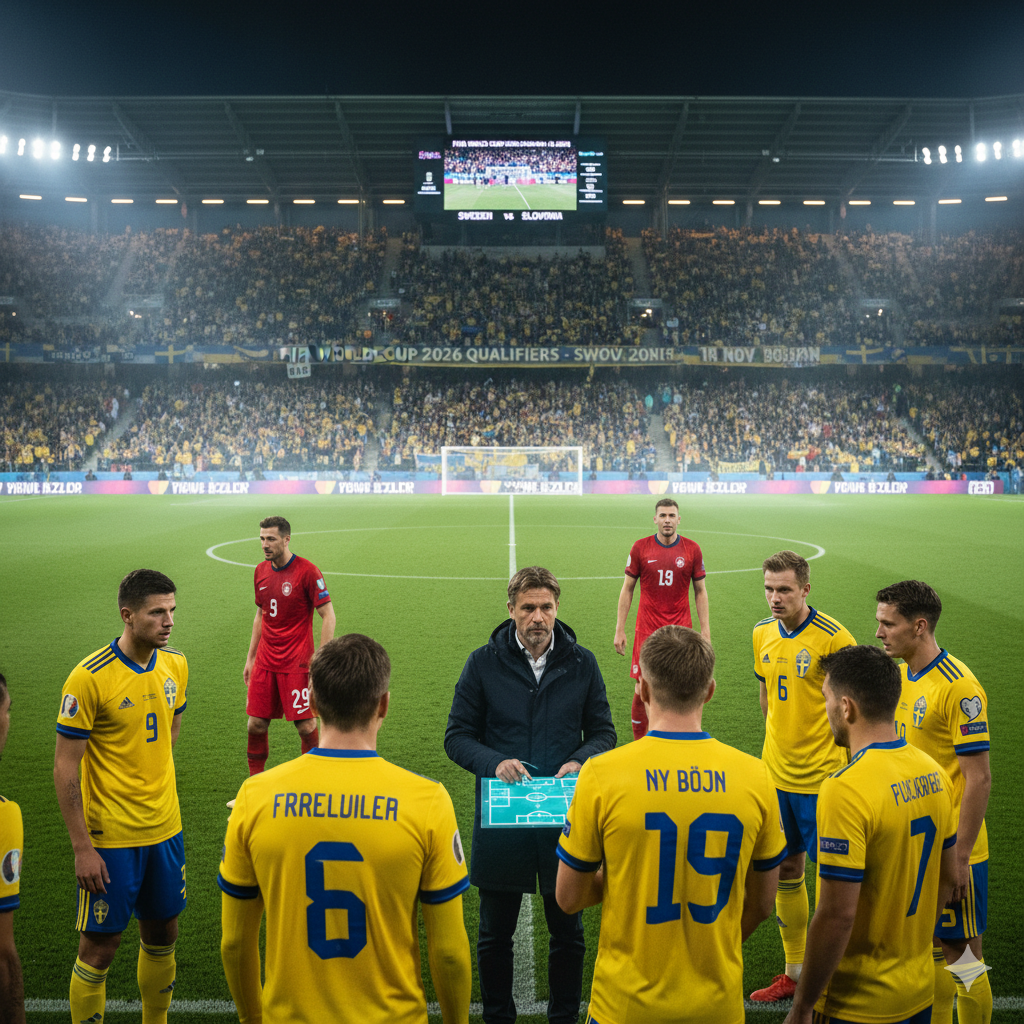 المدرب غراهام بوتر يشرح تكتيكات لمفتاح لاعبي منتخب السويد خلال تدريب على ملعب فريندز أرينا قبل مواجهة سلوفينيا في تصفيات مونديال 2026، مع لقطة من لاعبي سلوفينيا في الخلفية.