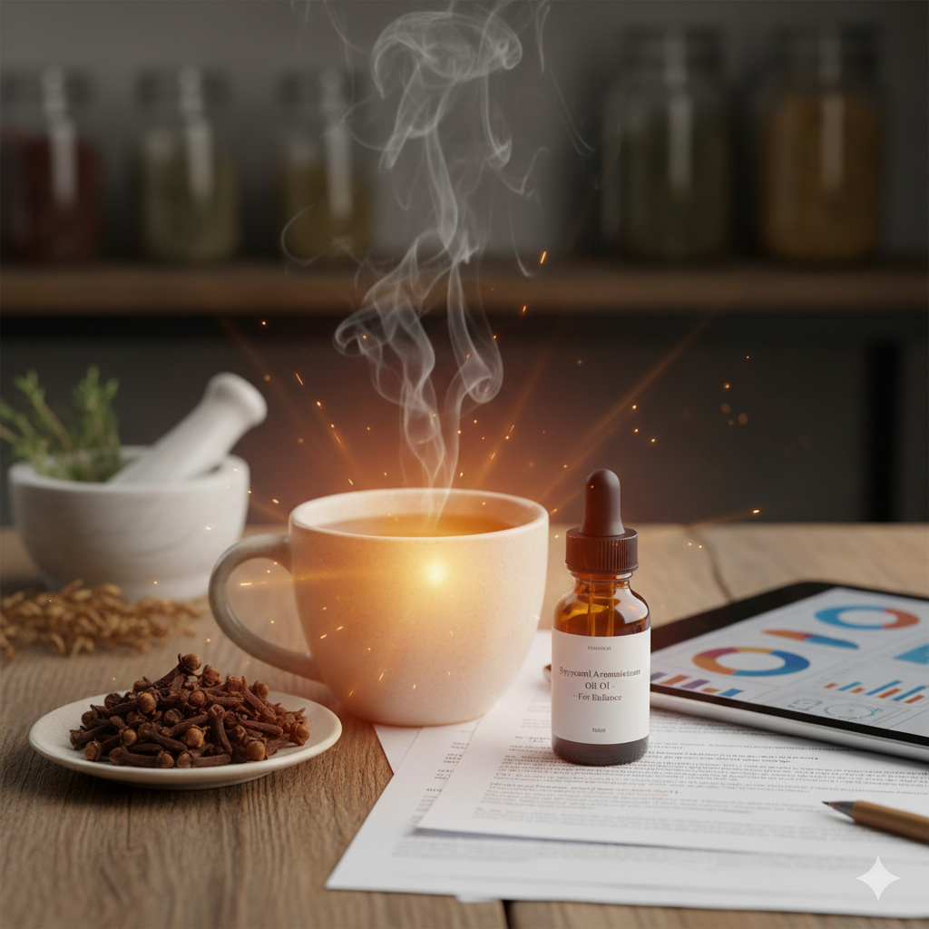 براعم القرنفل بجوار كوب شاي ساخن، مع تركيز ضوئي يرمز للهبة الساخنة، وخلفية عليها رسوم بيانية علمية.