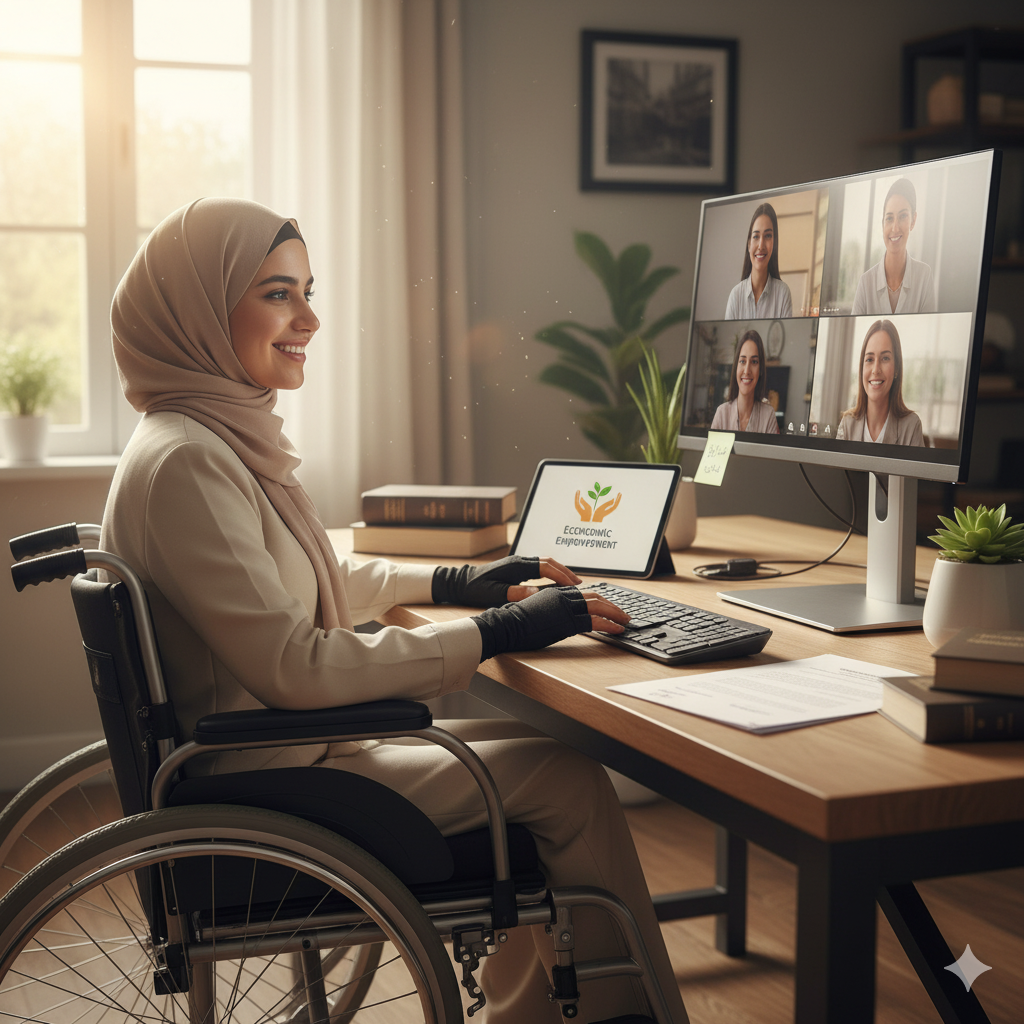 فتاة من ذوي الهمم تعمل عن بعد بوظيفة إدارية بعد استجابة وزارة العمل تنفيذاً لنسبة الـ 5%