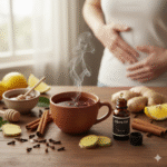 كوب بخاري من شاي القرنفل والزنجبيل مع فصوص القرنفل وعيدان القرفة وعسل وليمون على طاولة خشبية، مع زجاجة زيت قرنفل وامرأة تمسك بطنها في الخلفية