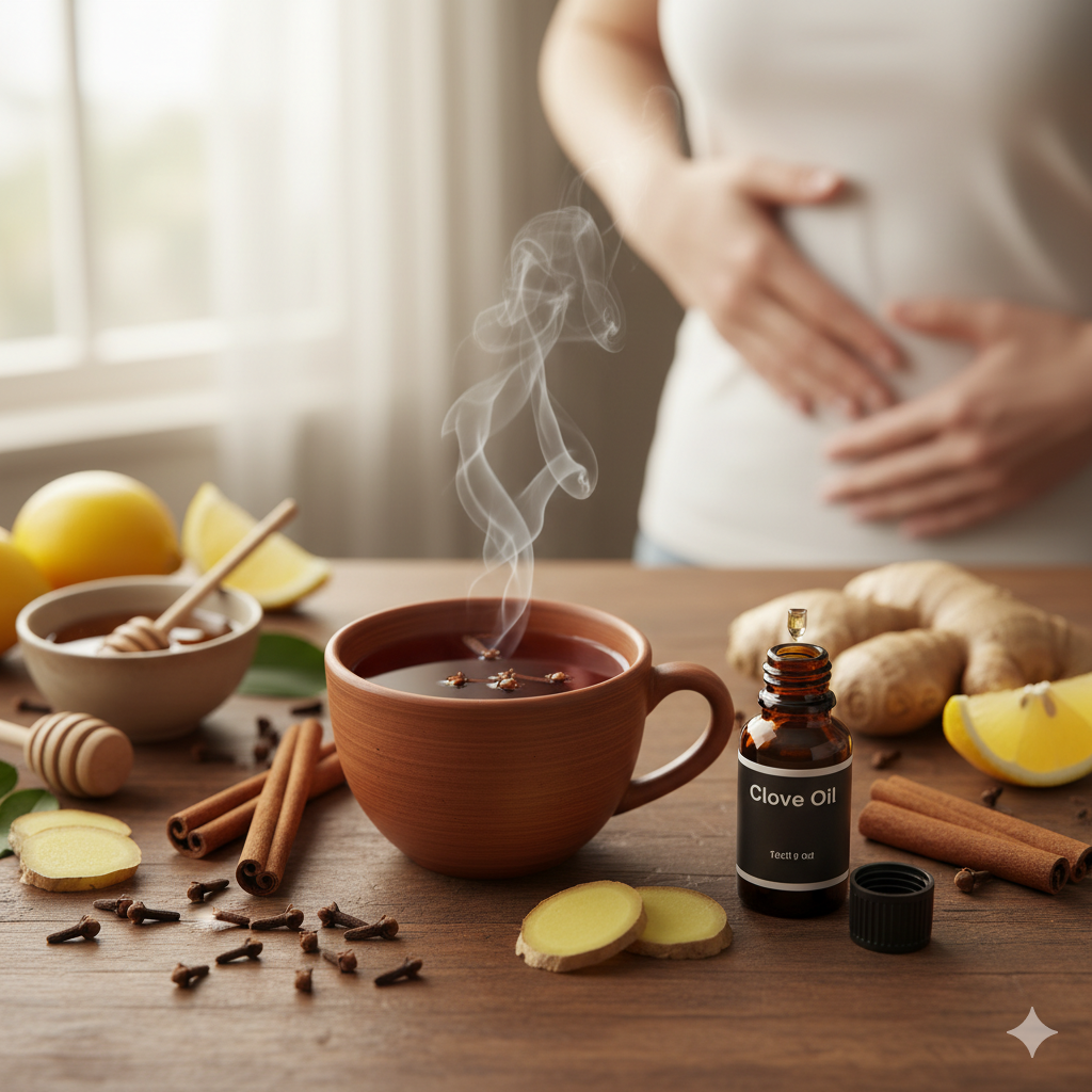 كوب بخاري من شاي القرنفل والزنجبيل مع فصوص القرنفل وعيدان القرفة وعسل وليمون على طاولة خشبية، مع زجاجة زيت قرنفل وامرأة تمسك بطنها في الخلفية