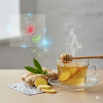 تناول الزنجبيل على معدة فارغة: هل يسبب القرحة؟ (دليل طبي شامل 2025) شاي الزنجبيل والعسل على معدة فارغة، يوضح الرسم البياني خطر (علامة X حمراء) وأمان (علامة صح خضراء) تناول الزنجبيل لمرضى القرحة.