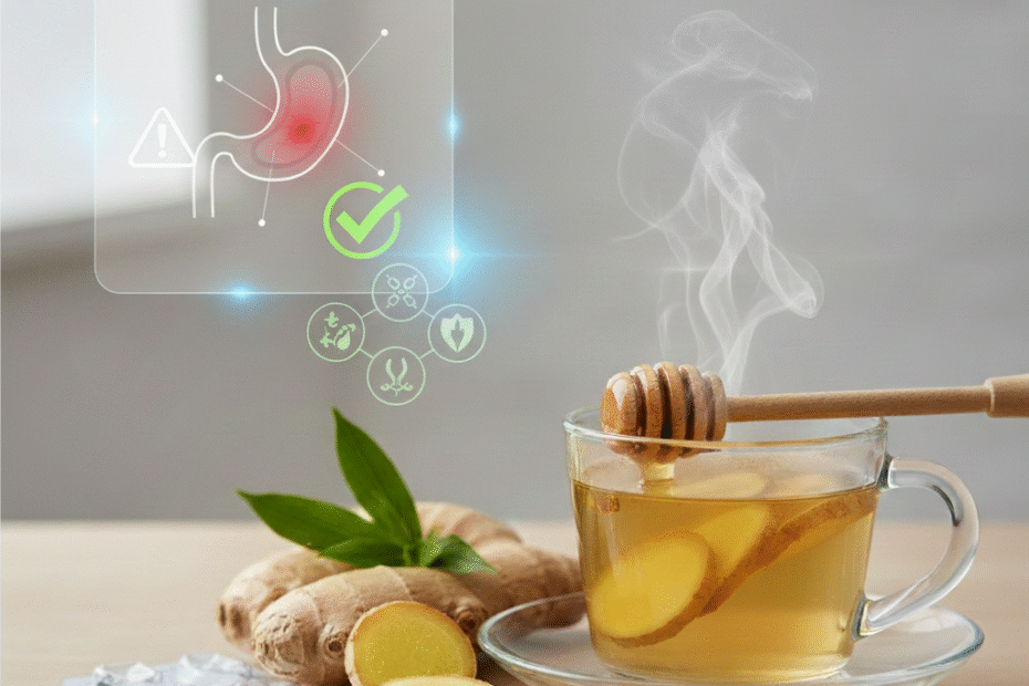 شاي الزنجبيل والعسل على معدة فارغة، يوضح الرسم البياني خطر (علامة X حمراء) وأمان (علامة صح خضراء) تناول الزنجبيل لمرضى القرحة.