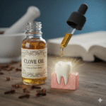 القرنفل (سواء كفصوص أو زيت) والأسنان/اللثة، مع إيحاء بـالراحة من الألم