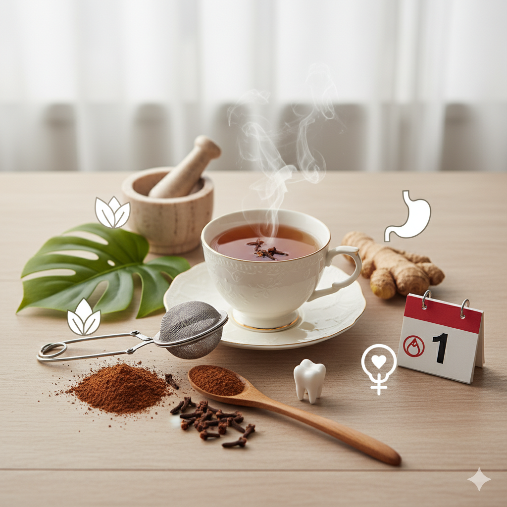 شاي القرنفل وفوائده للنساء: يعرض كوب شاي القرنفل الدافئ، حبات القرنفل، مسحوق القرنفل، الزنجبيل، وأيقونات توضيحية لفوائد الهضم، صحة الفم، الدورة الشهرية، والتوازن الهرموني، كلها مرتبة على طاولة خشبية.
